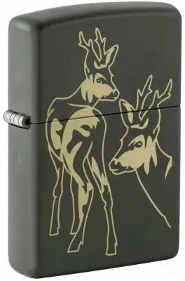 Produktbild: Zippo 60007921 Deer Green Matte mit zwei Hirschen als messingfarbene Lasergravur