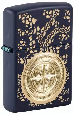 Produktbild: Zippo 60007922 Antique Talisman Navy Matte mit goldfarbenem Kompass, Kette und Landkartenmotiv