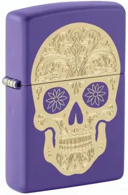 Produktbild: Zippo 60007931 Sugar Skull Purple Matte mit goldfarbenem Zuckerschädel, Blumen und Ranken