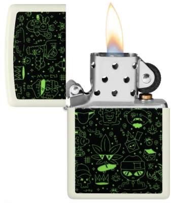 Produktbild: Zippo Doodle Cannabis weiß Glow in the Dark Feuerzeug offen