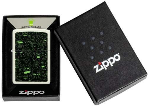 Produktbild: Zippo Doodle Cannabis weiß Glow in the Dark Feuerzeug Verpackung