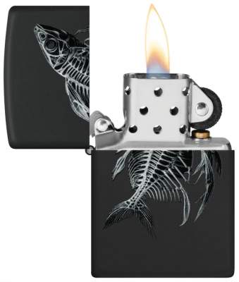 Produktbild: Zippo Fish Skeleton Fischskelett schwarz matt Feuerzeug offen