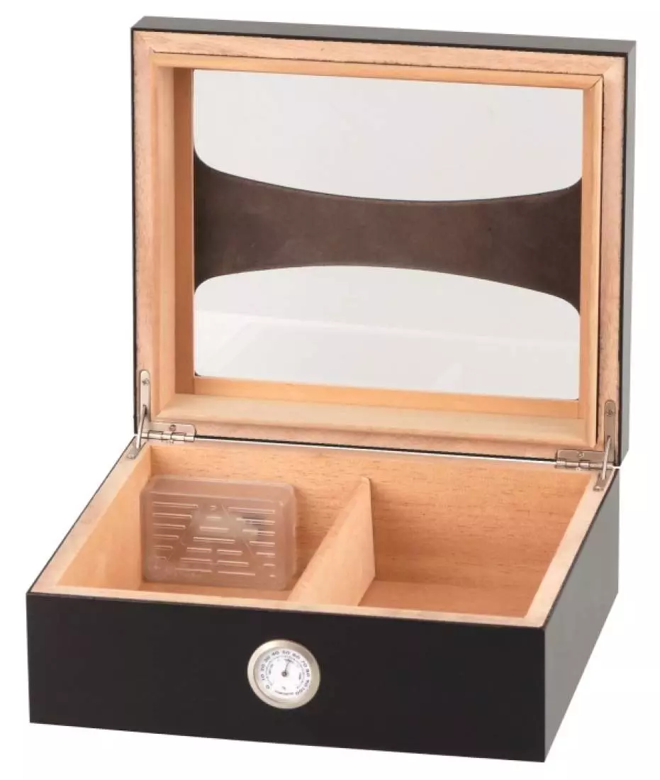 Produktbild: Humidor schwarz m. Glasdeckel geteilt offen