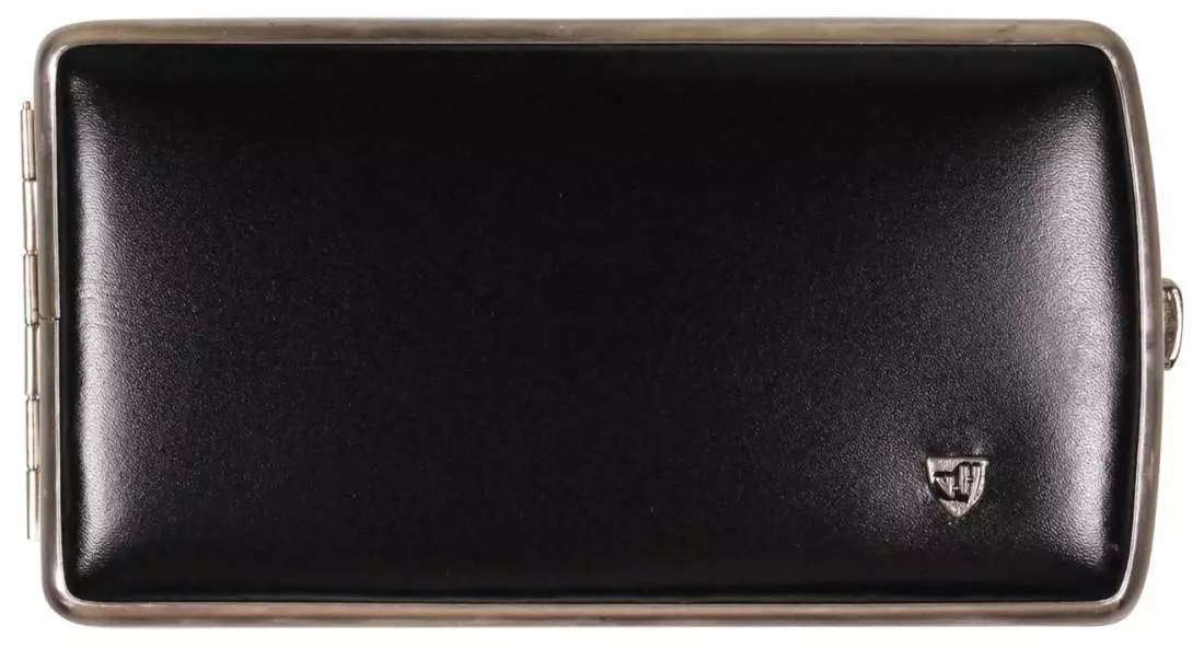 Produktbild: Zigarettenetui vom Hofe Metall Leder schwarz mitNickelrand 120mm-9er