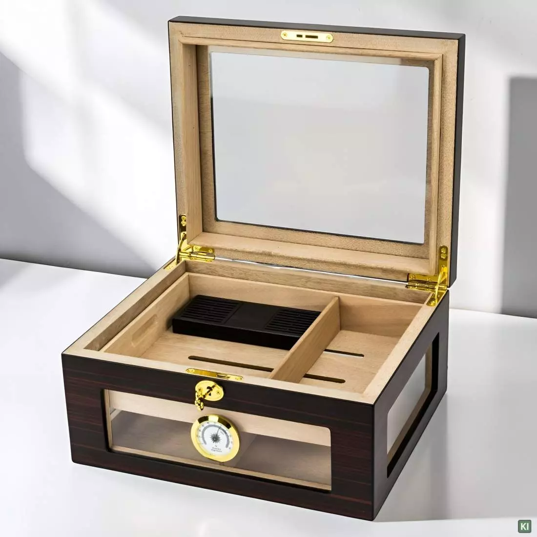 Produktbild: Humidor Ebony matt mit Glasfenster Tischzene offen