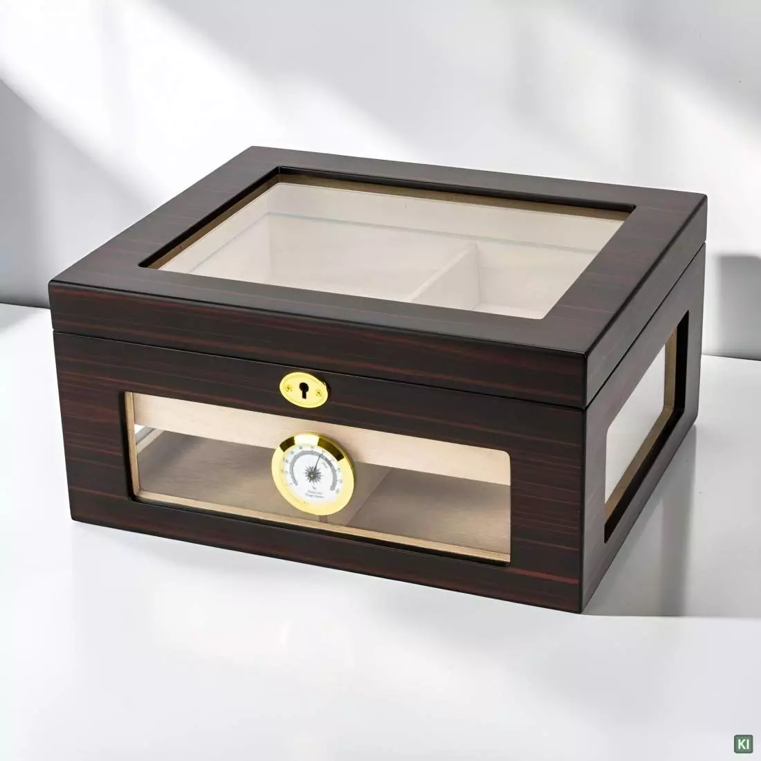 Produktbild: Humidor Ebony matt mit Glasfenster als Tischszene