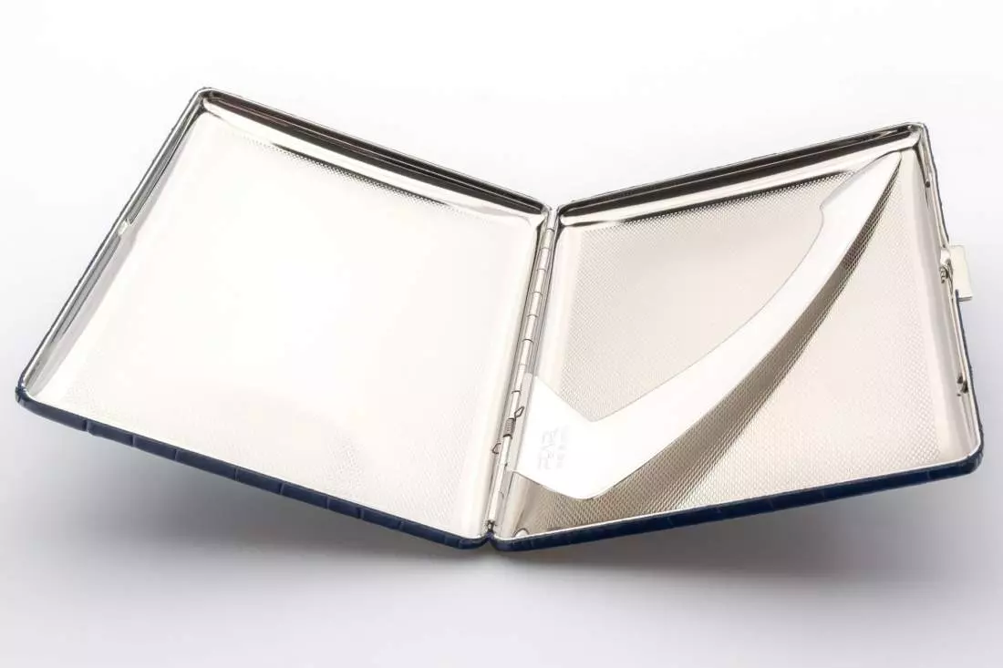 Produktbild: Zigarettenetui Pearl Metall Leder blau Kroko 9er offen