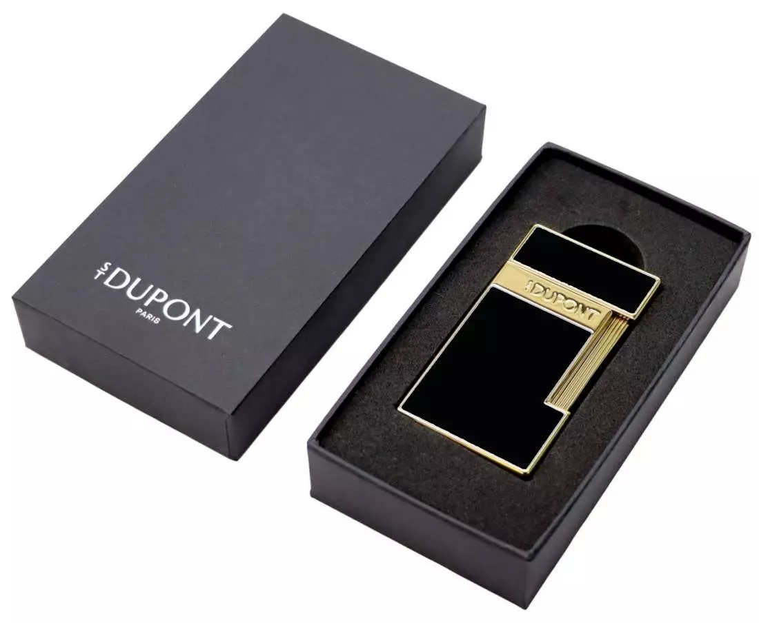 Produktbild: S.T. Dupont Slimmy Feuerzeug schwarz gold Verpackung