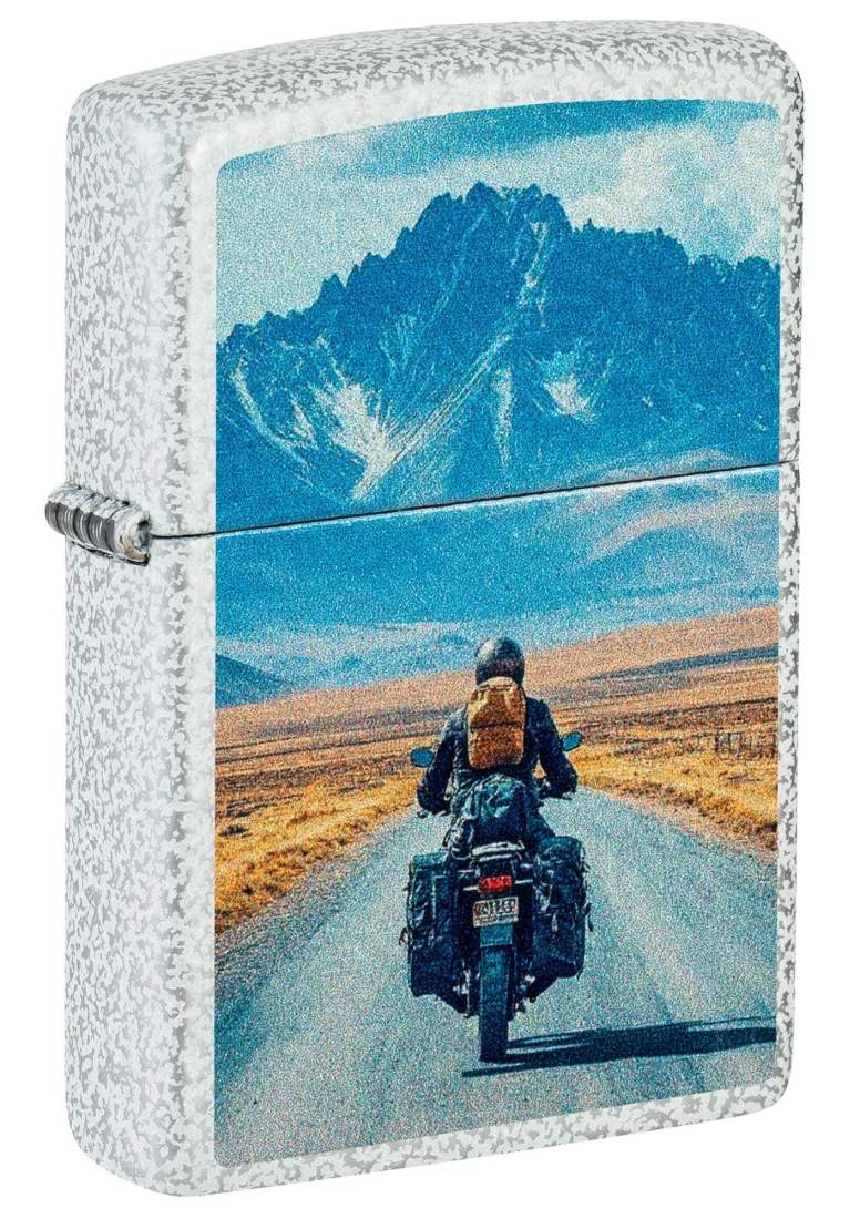 Produktbild: Zippo 60007685 Motorcycle Glacier mit Motorradfahrer auf einsamer Bergstraße vor Gebirgsmassiv