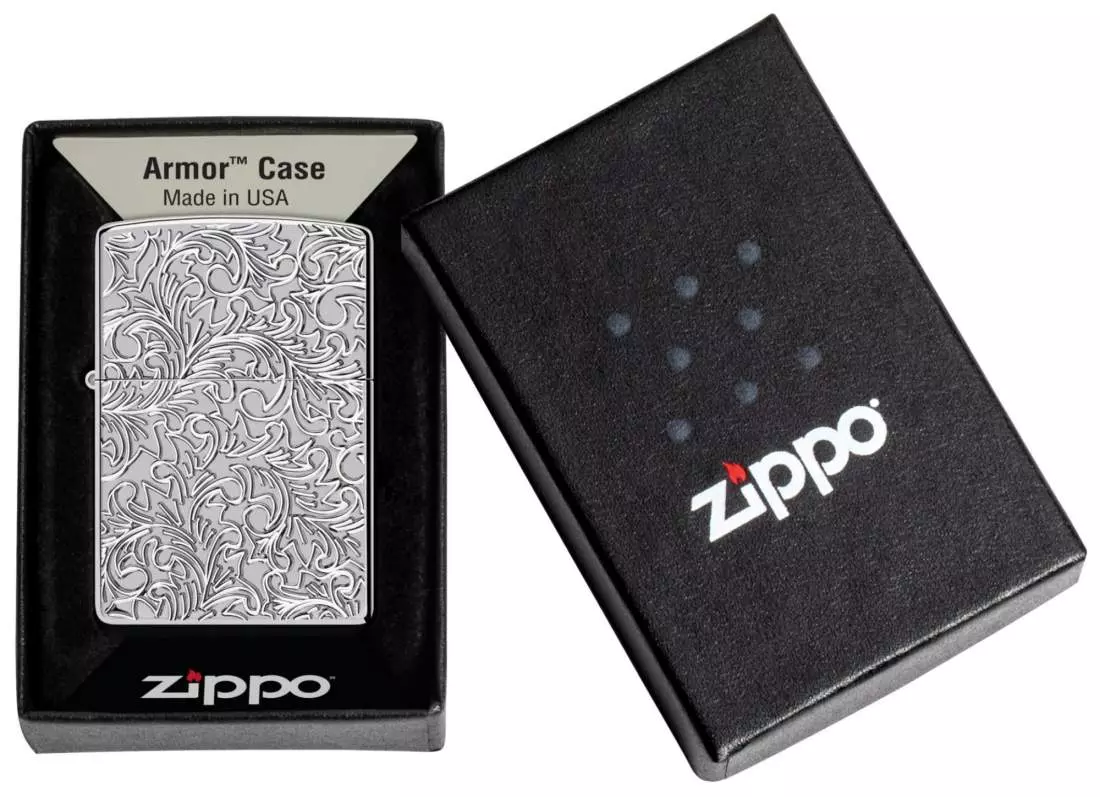 Produktbild: Zippo Deep Carved Pattern Armor Case Chrom poliert Verpackung