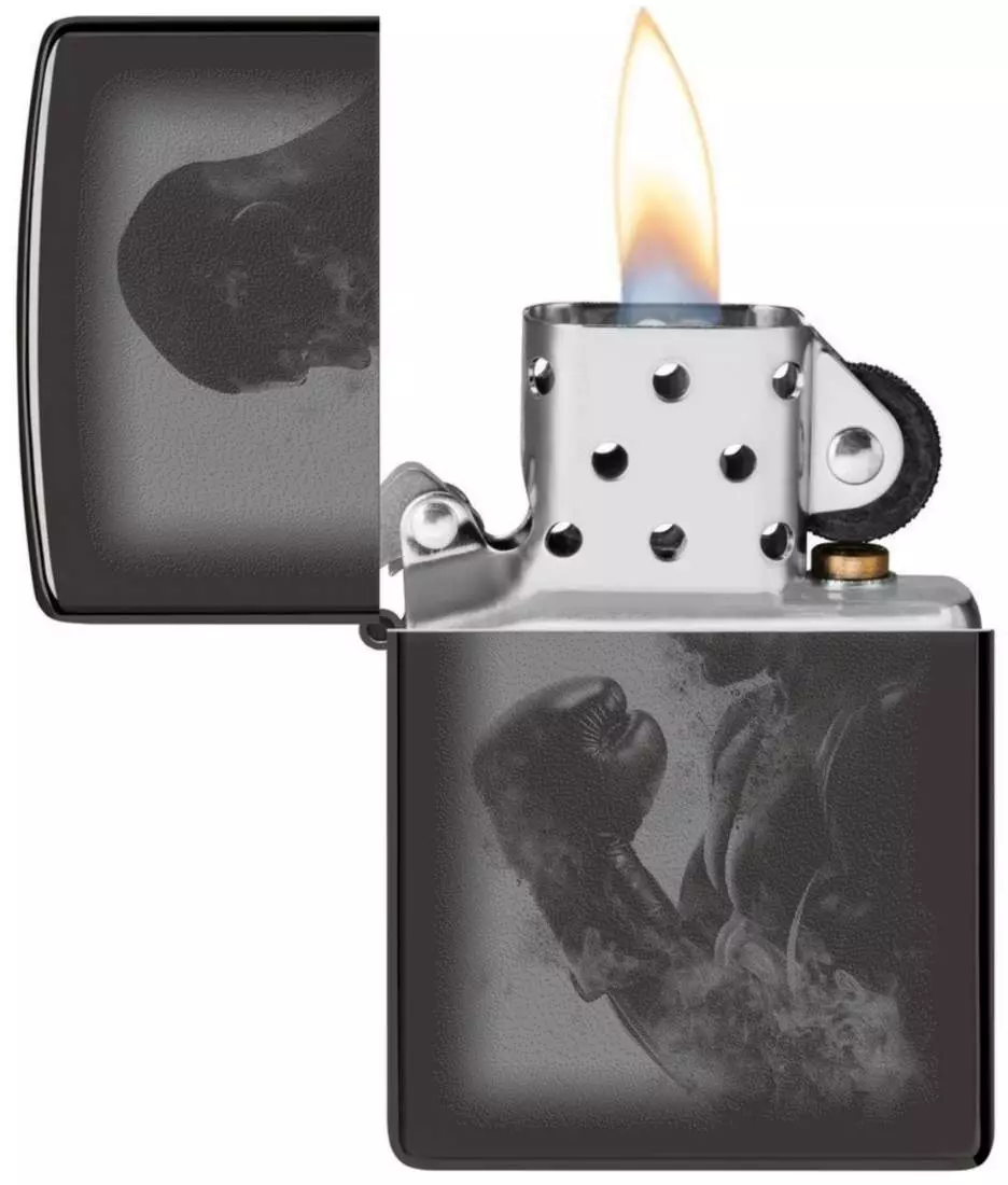 Produktbild: Zippo Boxer schwarz hoch glänzend Feuerzeug offen