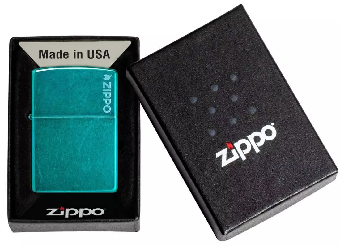 Produktbild: Zippo Candy Teal Blaugrün mit Logo Feuerzeug Verpackung