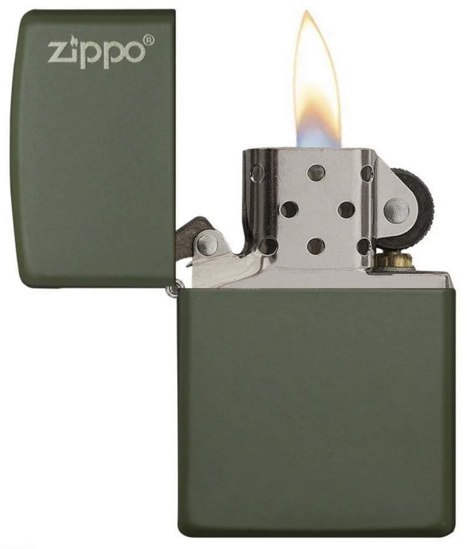 Produktbild: Zippo Classic Green Matte Basismodell mit Logo Feuerzeug offen