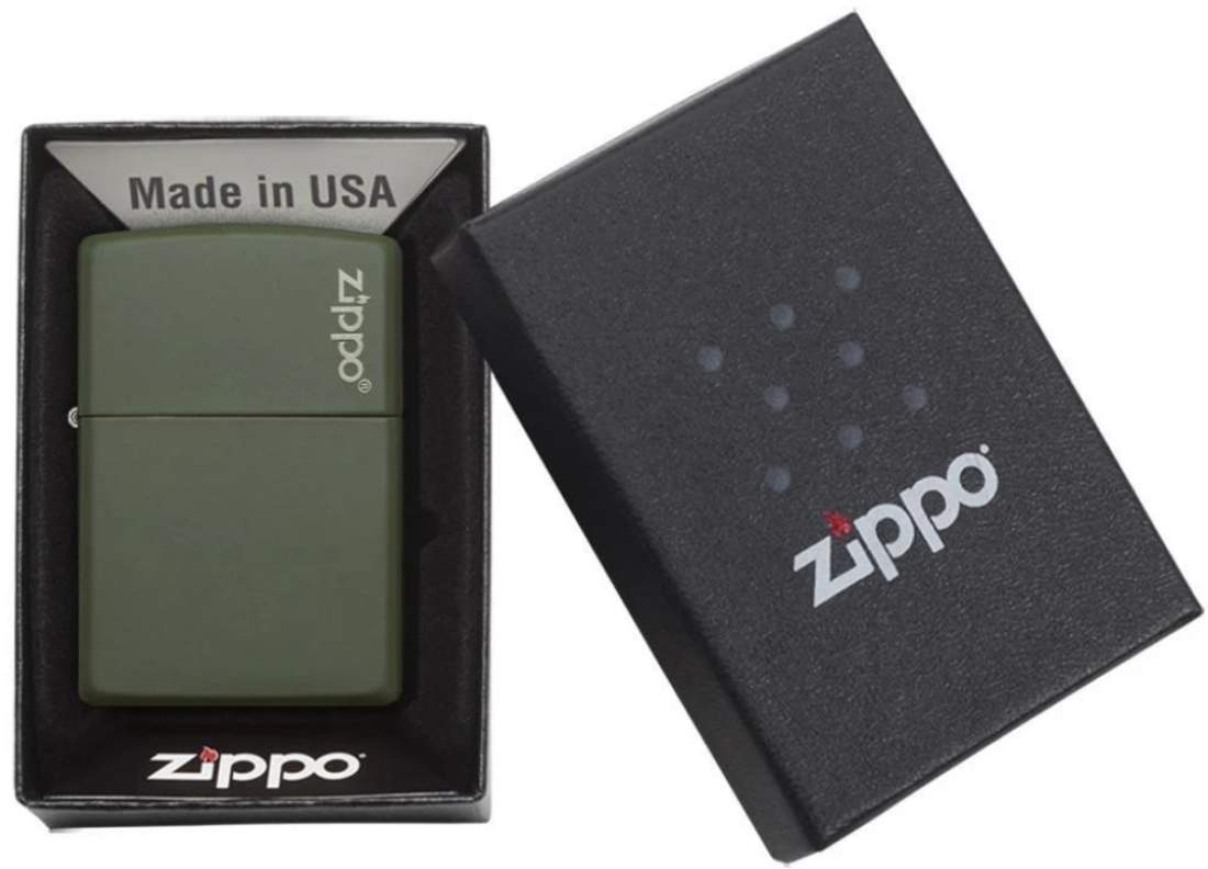 Produktbild: Zippo Classic Green Matte Basismodell mit Logo Feuerzeug Verpackung