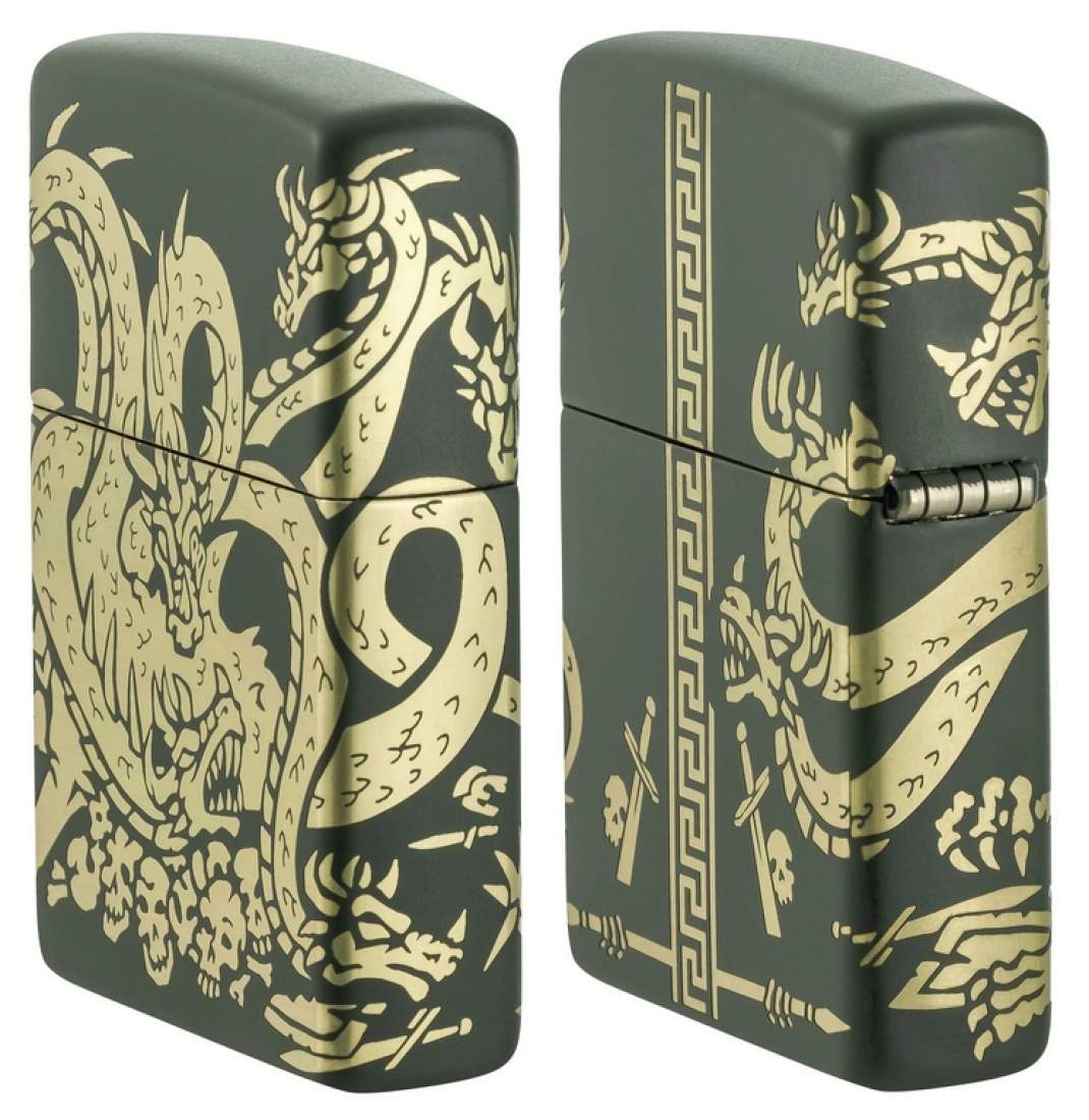 Produktbild: Zippo Dragon grün matt mit 360 Drachen Gravur Feuerzeug seitlich