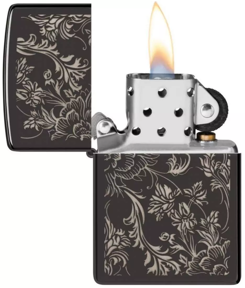 Produktbild: Zippo Filigree Blumenranken schwarz glänzend Feuerzeug offen