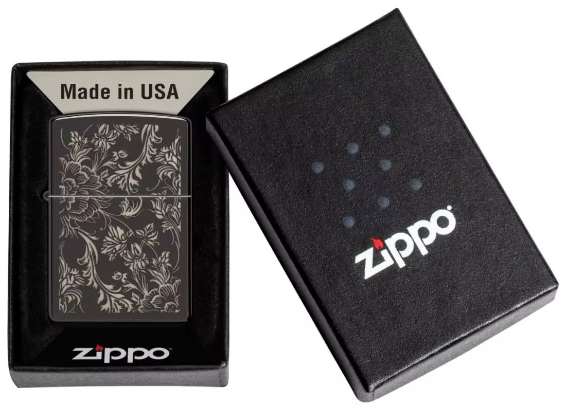 Produktbild: Zippo Filigree Blumenranken schwarz glänzend Feuerzeug Verpackung