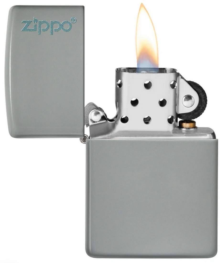 Produktbild: Zippo Flat Gray Basismodell grau mit Logo Feuerzeug offen