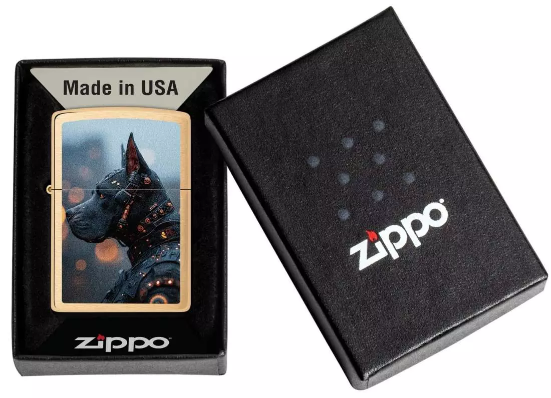 Produktbild: Zippo Futuristic Robo Dog Messing Feuerzeug Verpackung