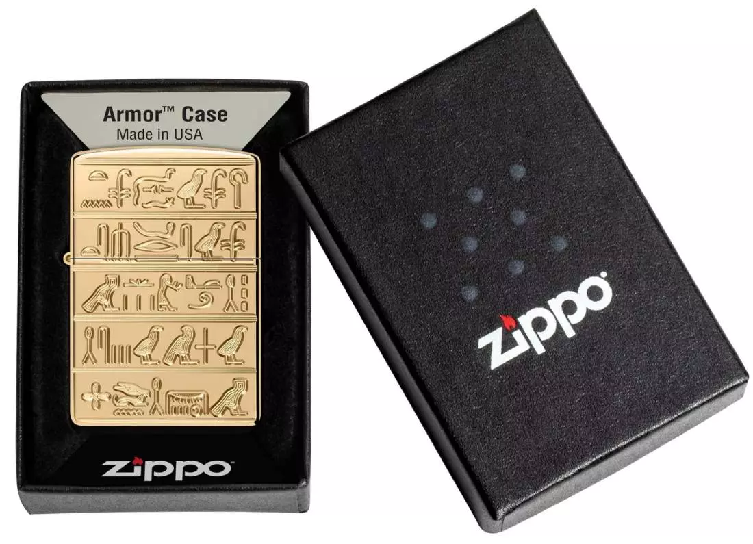 Produktbild: Zippo Hieroglyphen Armor mit Gravur Messing Feuerzeug Verpackung