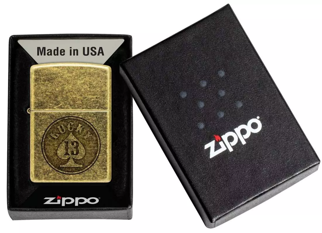 Produktbild: Zippo Lucky 13 Messing Antik Feuerzeug Verpackung