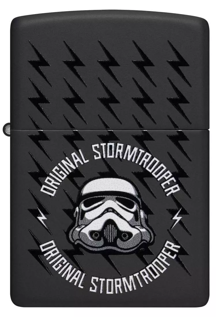 Produktbild: Zippo Original Stormtrooper Helm und Blitze schwarz matt Feuerzeug vorne
