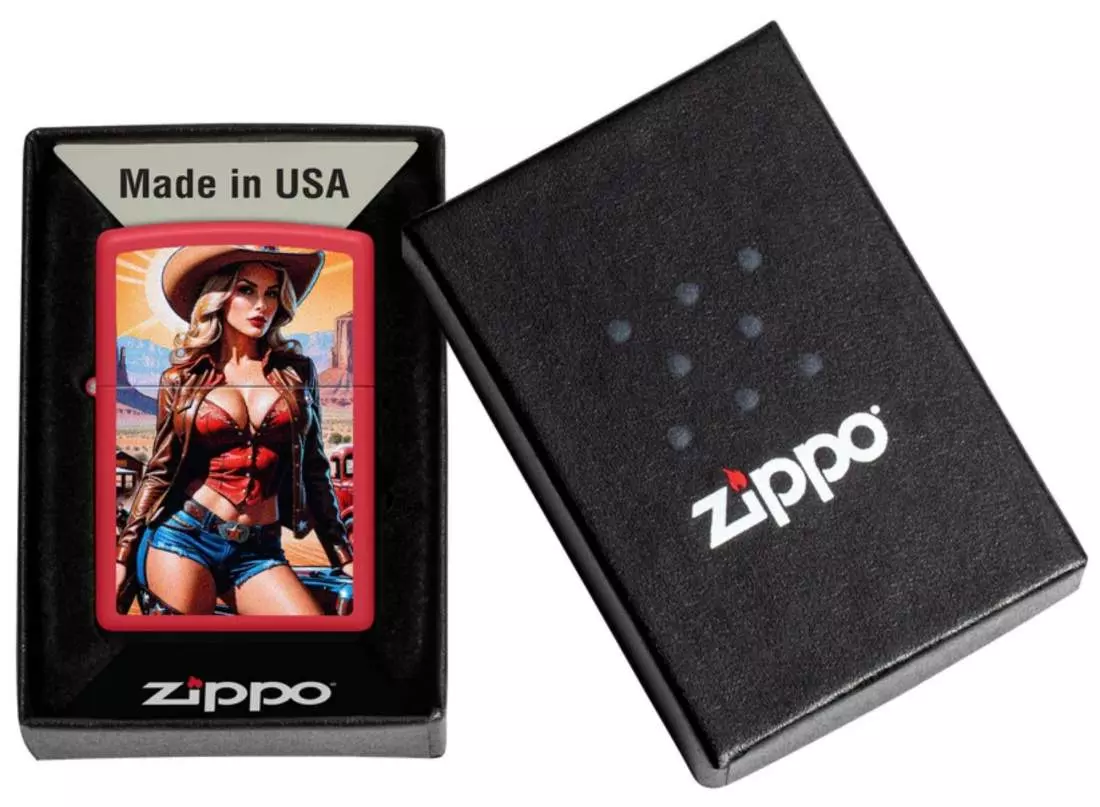 Produktbild: Zippo Pinup Cowgirl rot matt Feuerzeug Verpackung