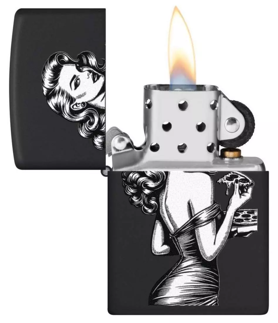 Produktbild: Zippo Pinup with Pizza schwarz matt Feuerzeug offen