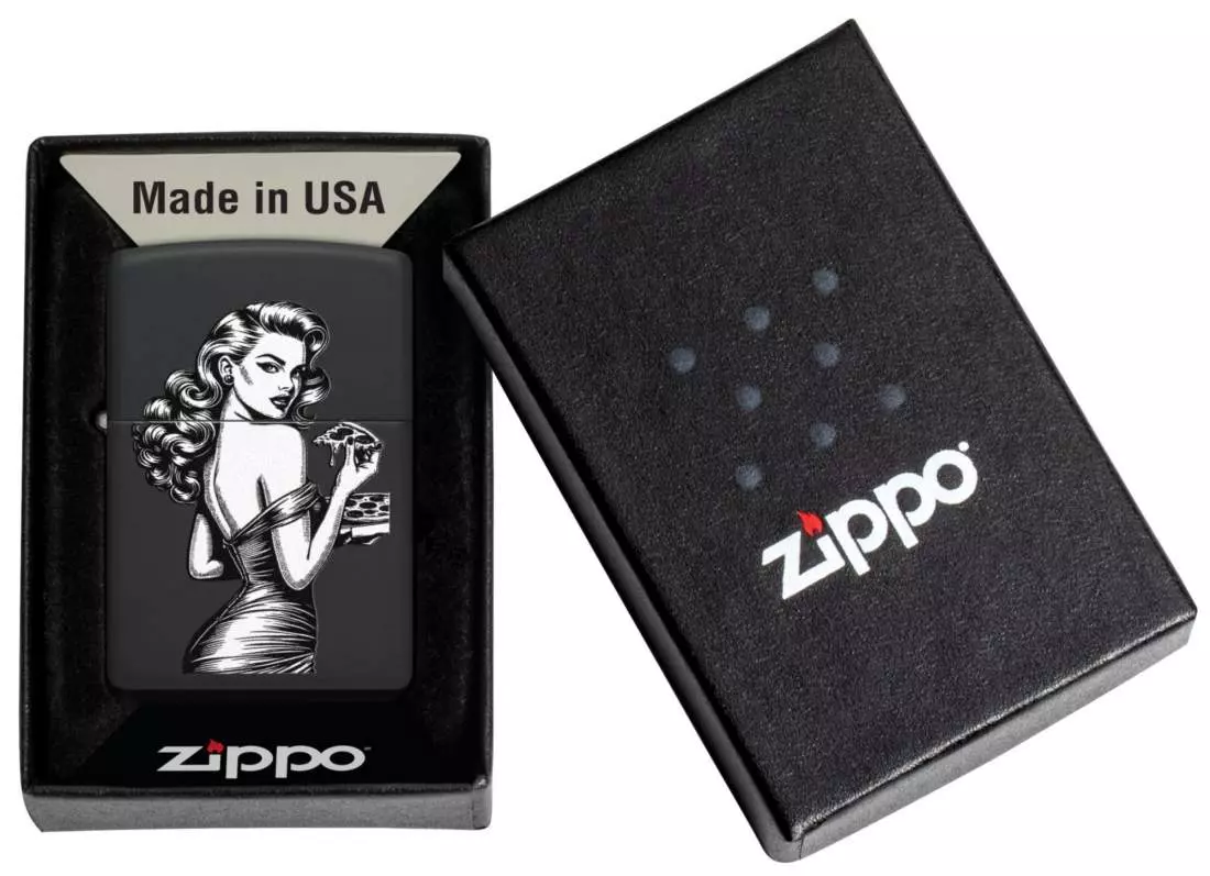 Produktbild: Zippo Pinup with Pizza schwarz matt Feuerzeug Verpackung