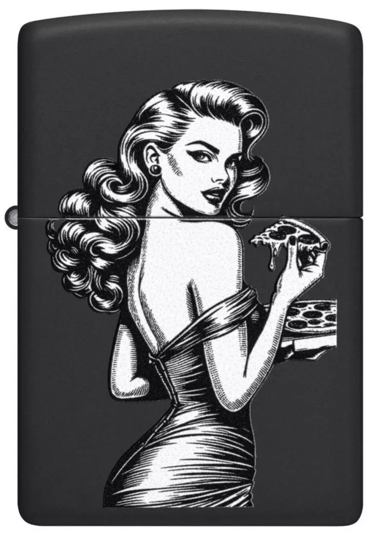 Produktbild: Zippo Pinup with Pizza schwarz matt Feuerzeug vorne