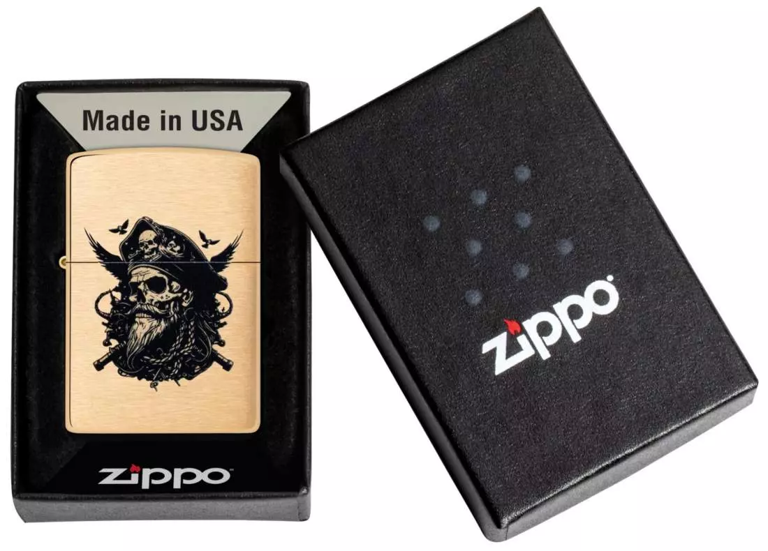 Produktbild: Zippo Pirate Skull Messing gebürstet Verpackung