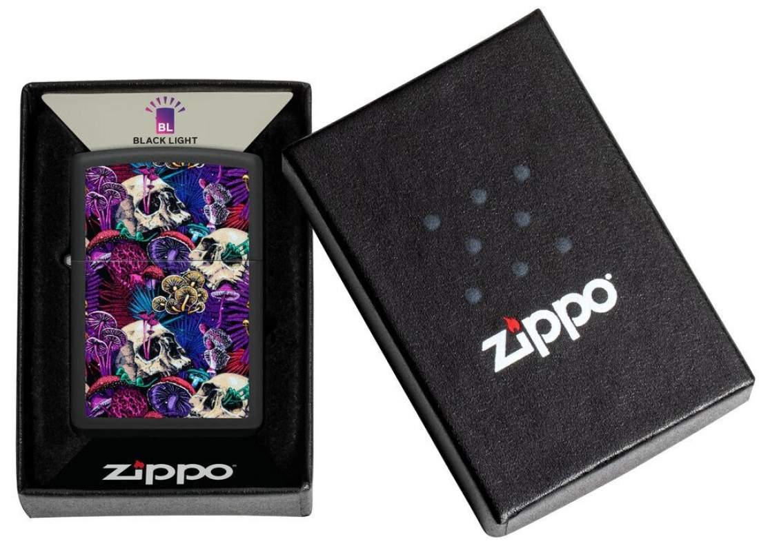 Produktbild: Zippo Psychedelic Mushroom Black Light schwarz Feuerzeug Verpackung