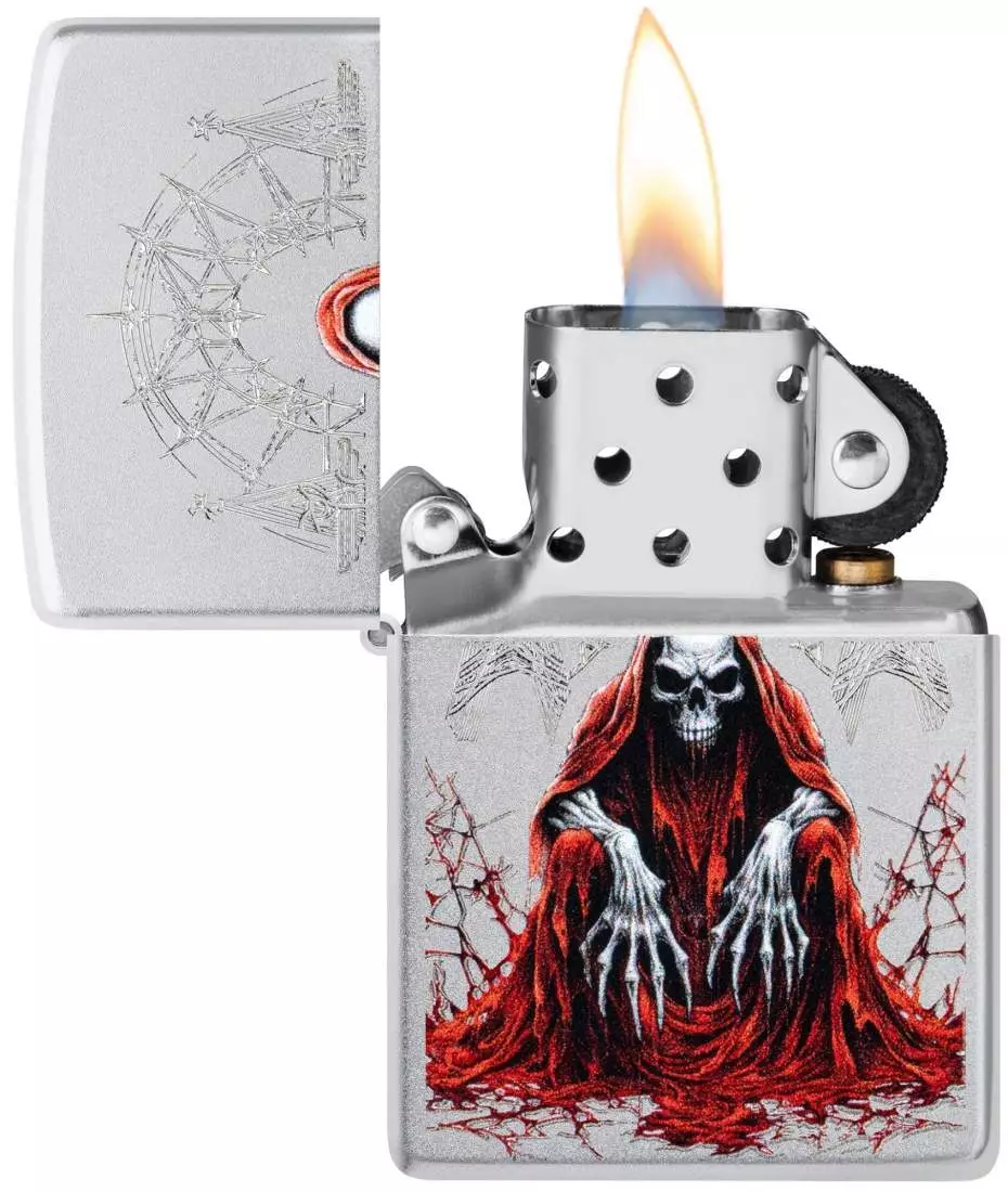 Produktbild: Zippo Reaper Skull Skelett Sensenmann Feuerzeug offen