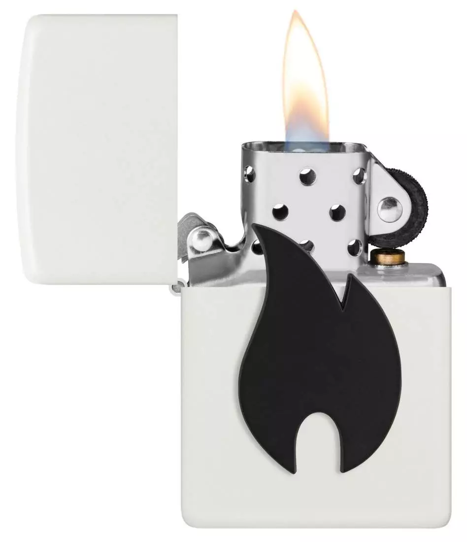 Produktbild: Zippo Schwarzes Flammenemblem weiß Feuerzeug offen
