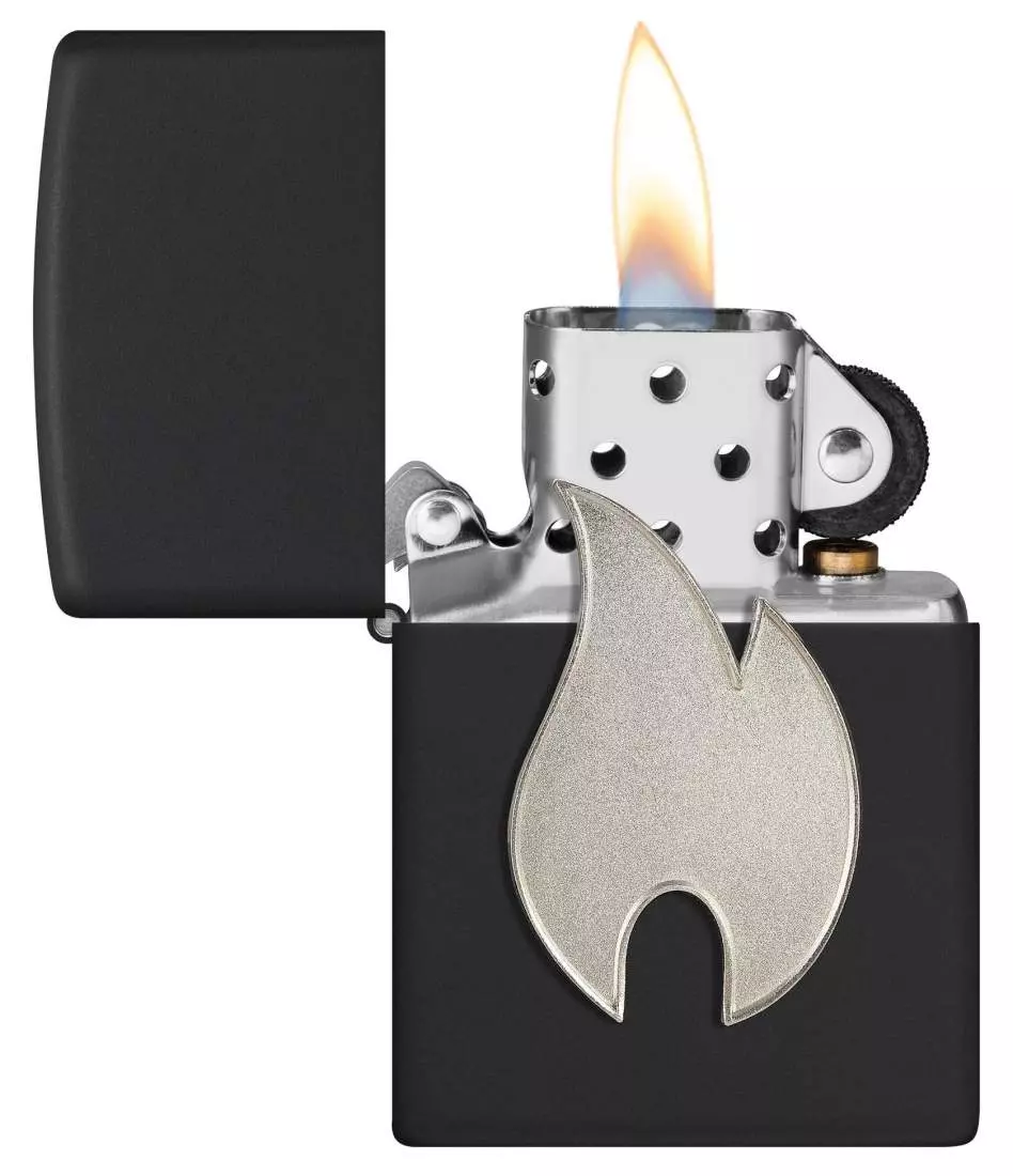 Produktbild: Zippo Silbernes Flammenemblem schwarz Feuerzeug offen