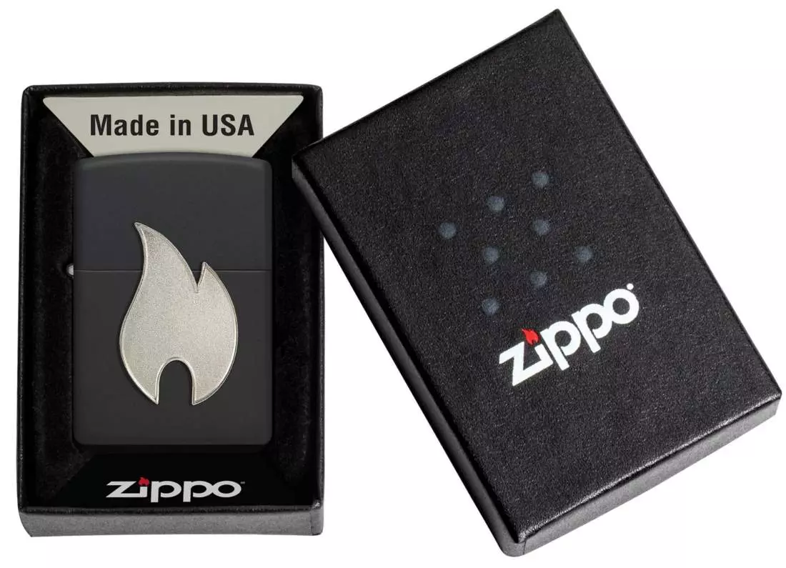 Produktbild: Zippo Silbernes Flammenemblem schwarz Feuerzeug Verpackung