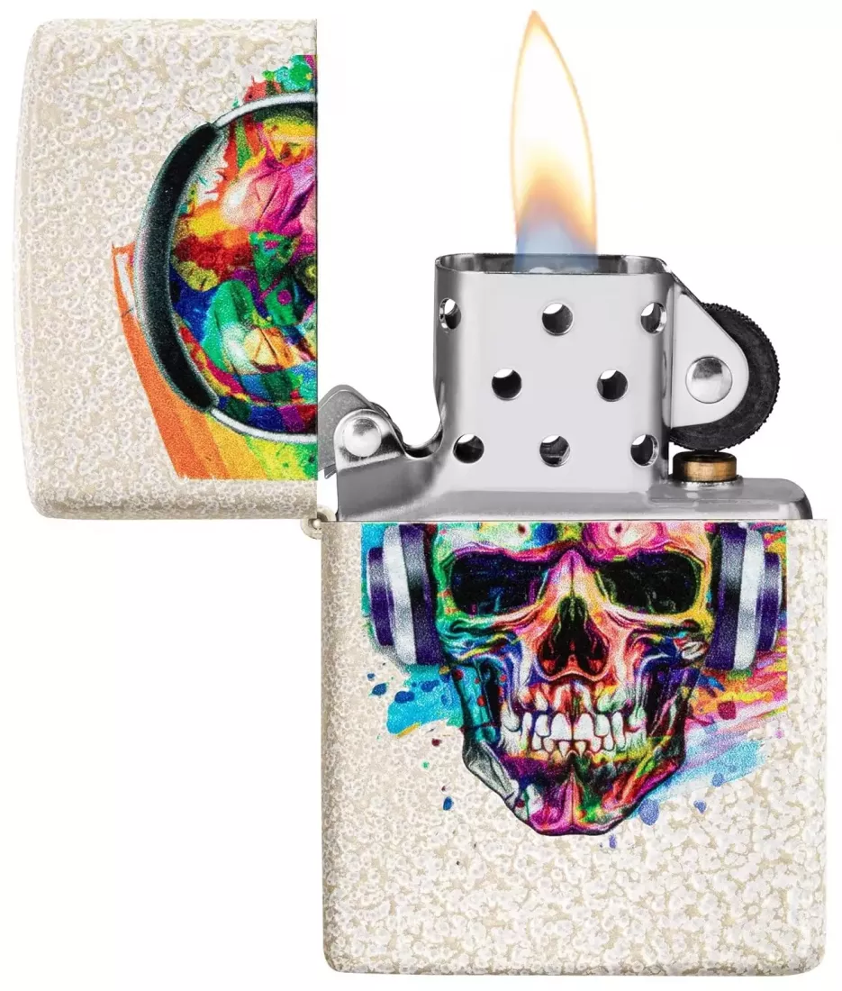 Produktbild: Zippo Skull Headphones Design Mercury Glas Totenkopf Feuerzeug offen
