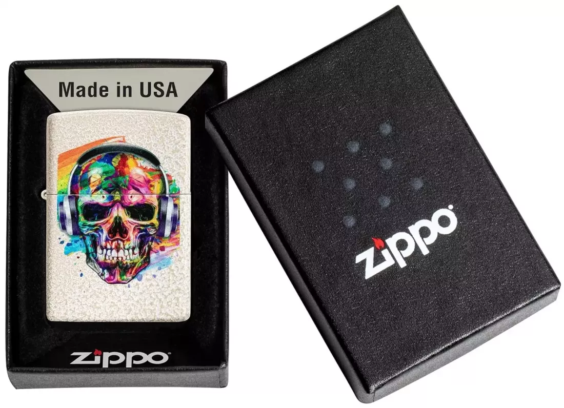 Produktbild: Zippo Skull Headphones Design Mercury Glas Totenkopf Feuerzeug Verpackung