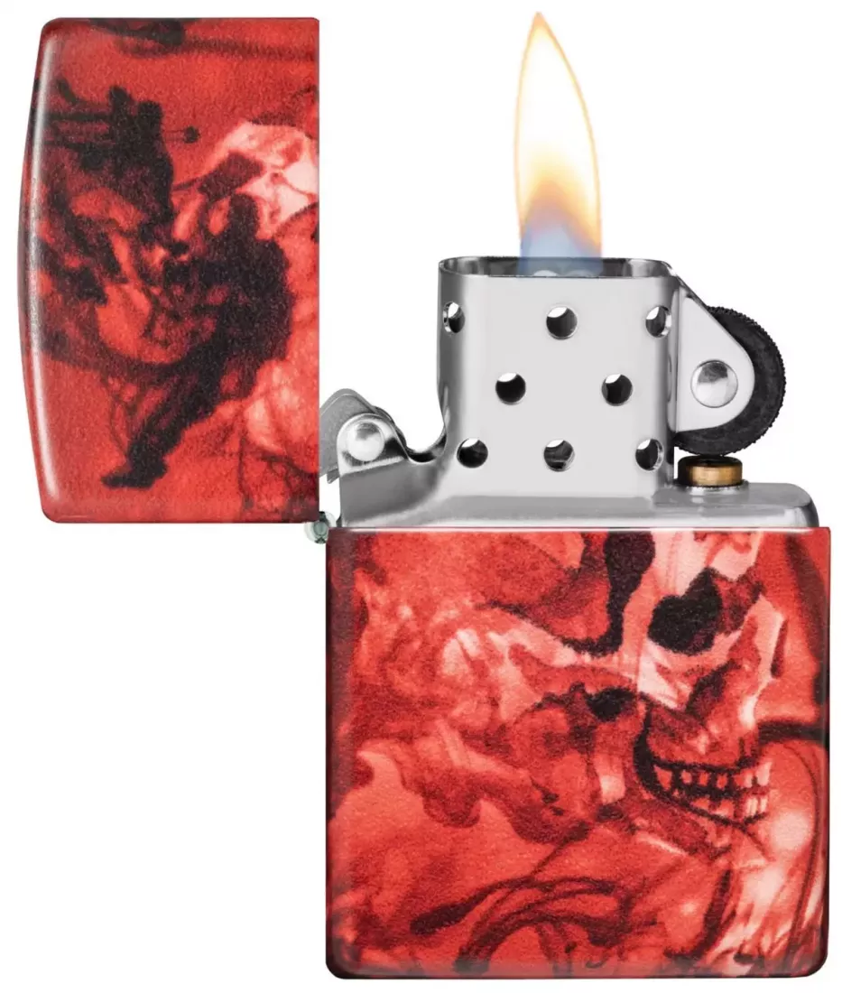 Produktbild: Zippo Spooky Skulls Totenköpfe rundherum bedruckt Feuerzeug offen
