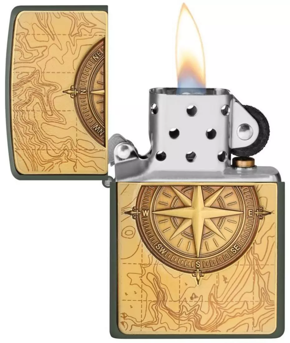 Produktbild: Zippo Topographic Compass grün matt Feuerzeug offen