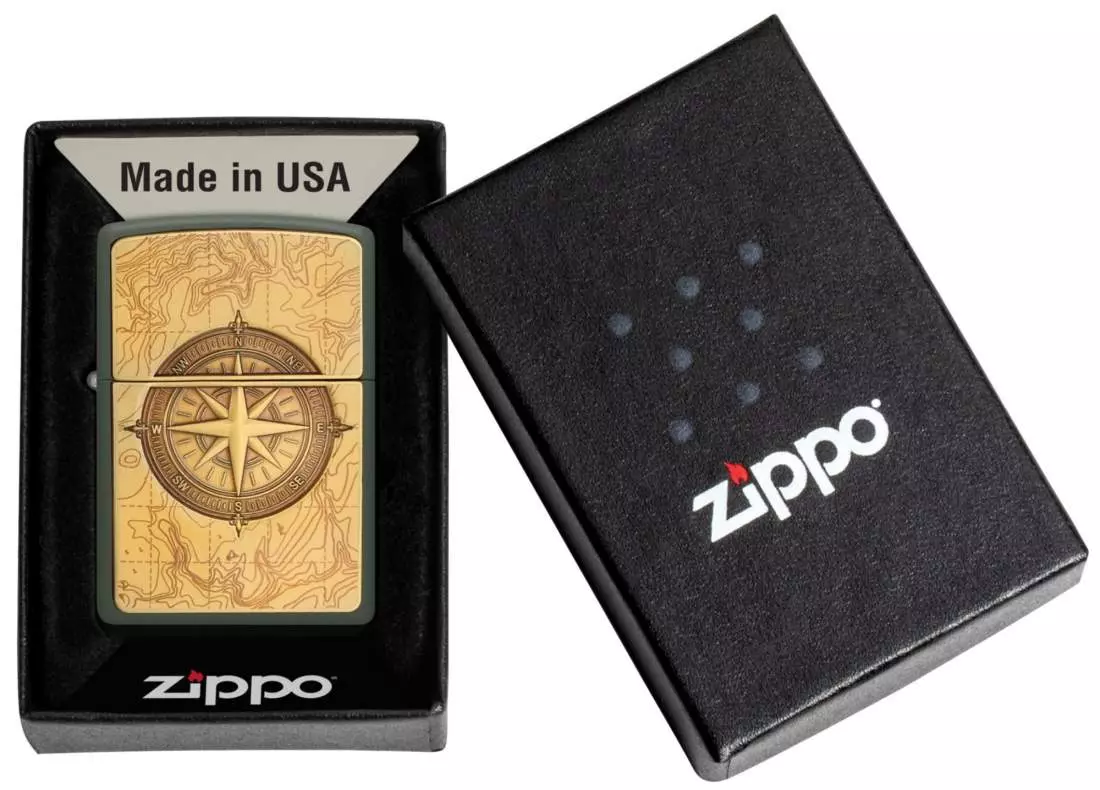 Produktbild: Zippo Topographic Compass grün matt Feuerzeug Verpackung