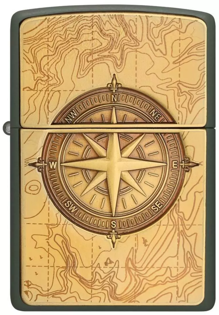 Produktbild: Zippo Topographic Compass grün matt Feuerzeug vorne Feuerzeug vorne