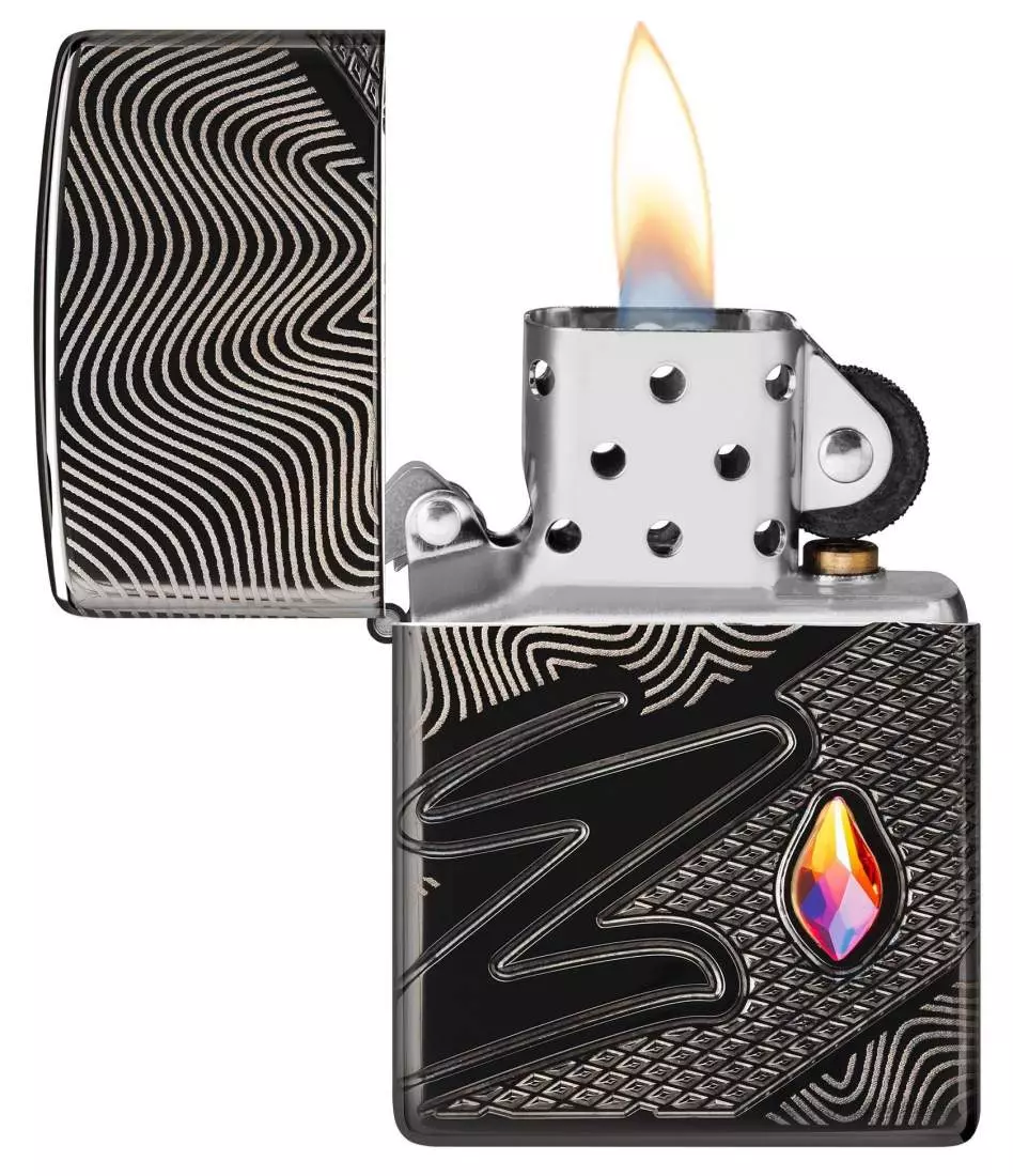 Produktbild: Zippo Z-Pattern Crystal Armor Case schwarz Feuerzeug offen