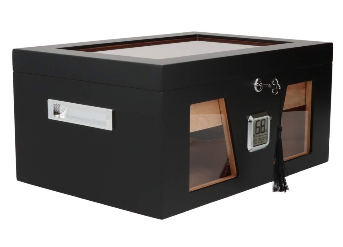 Produktbild: Angelo Humidor 3 Sichtfenster 2 schwarz vorne seitlich