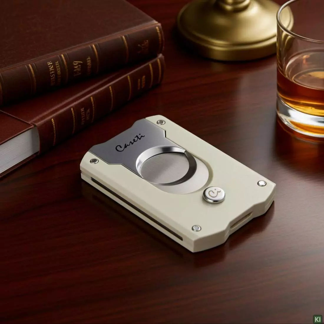 Produktbild: Caseti Paris Zigarrenschneider titan auf einem Tisch