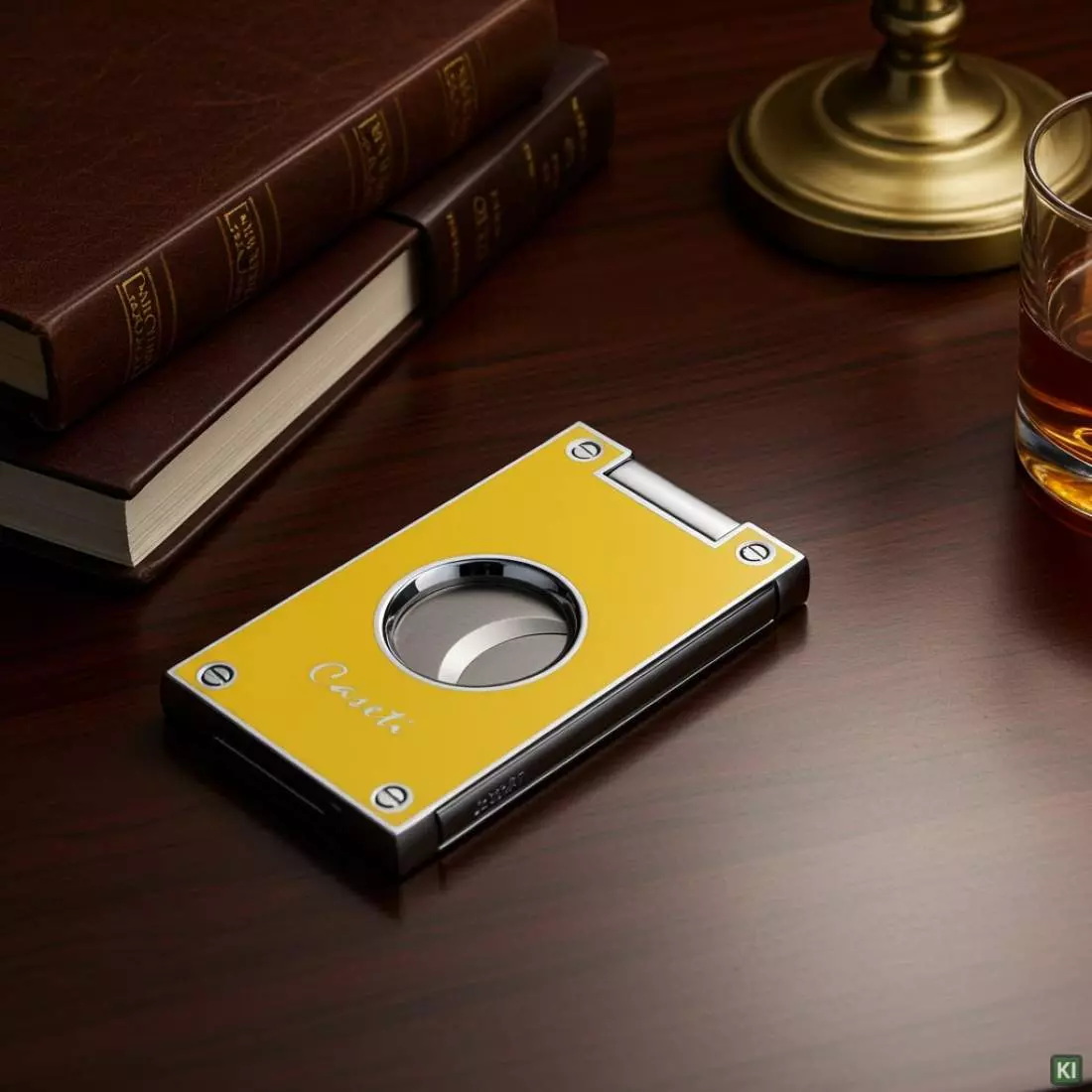 Produktbild: Caseti Paris Zigarrenschneider gelb auf einem Tisch