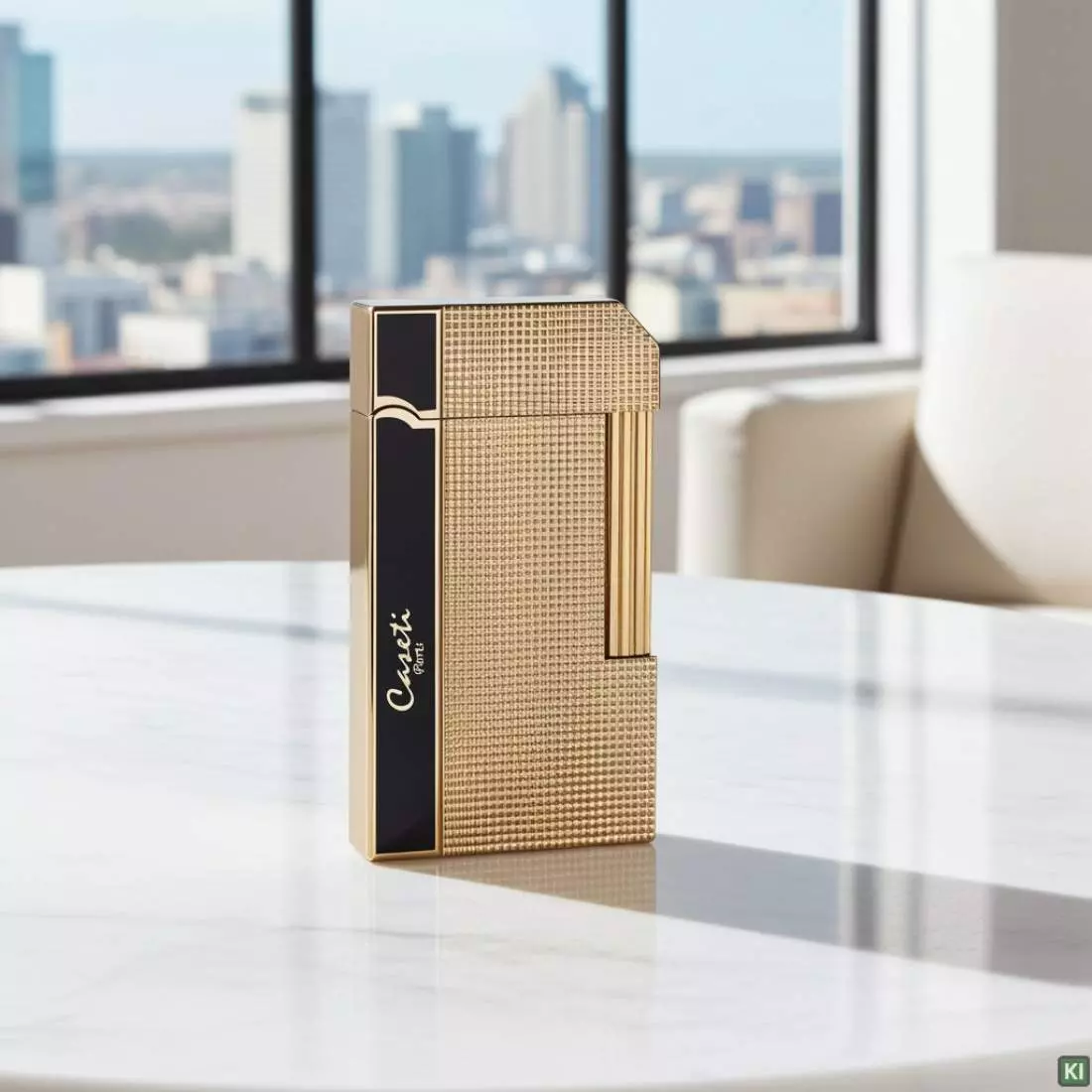 Produktbild: Caseti Paris Feuerzeug Rom schwarz gold Caree auf Wohnzimmertisch