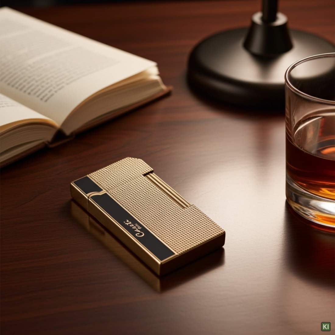 Produktbild: Caseti Paris Feuerzeug Rom schwarz gold Caree auf Schreibtisch