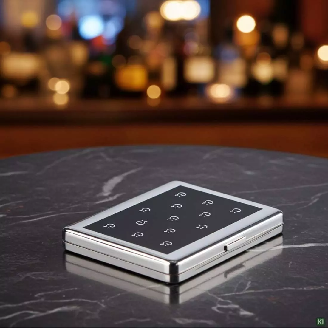 Produktbild: Zigarettenetui Caseti Chrom schwarz mit Ci Logo 18er auf einem Tisch