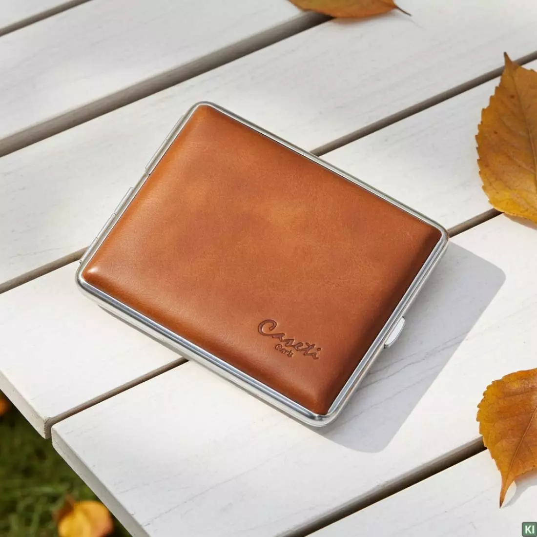 Produktbild: Zigarettenetui Caseti Leder hellbraun 18er auf einem Tisch